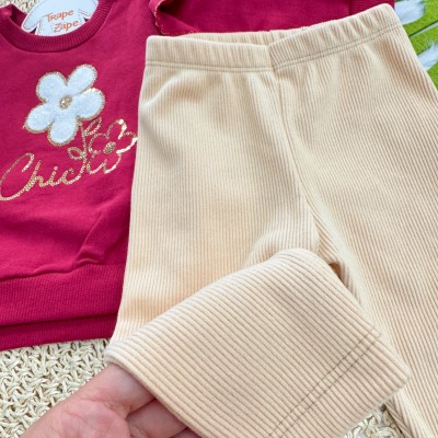 Conj. Casaco de Moletom Chic Flor e Calça Ribana em Plush - Bordo e Areia